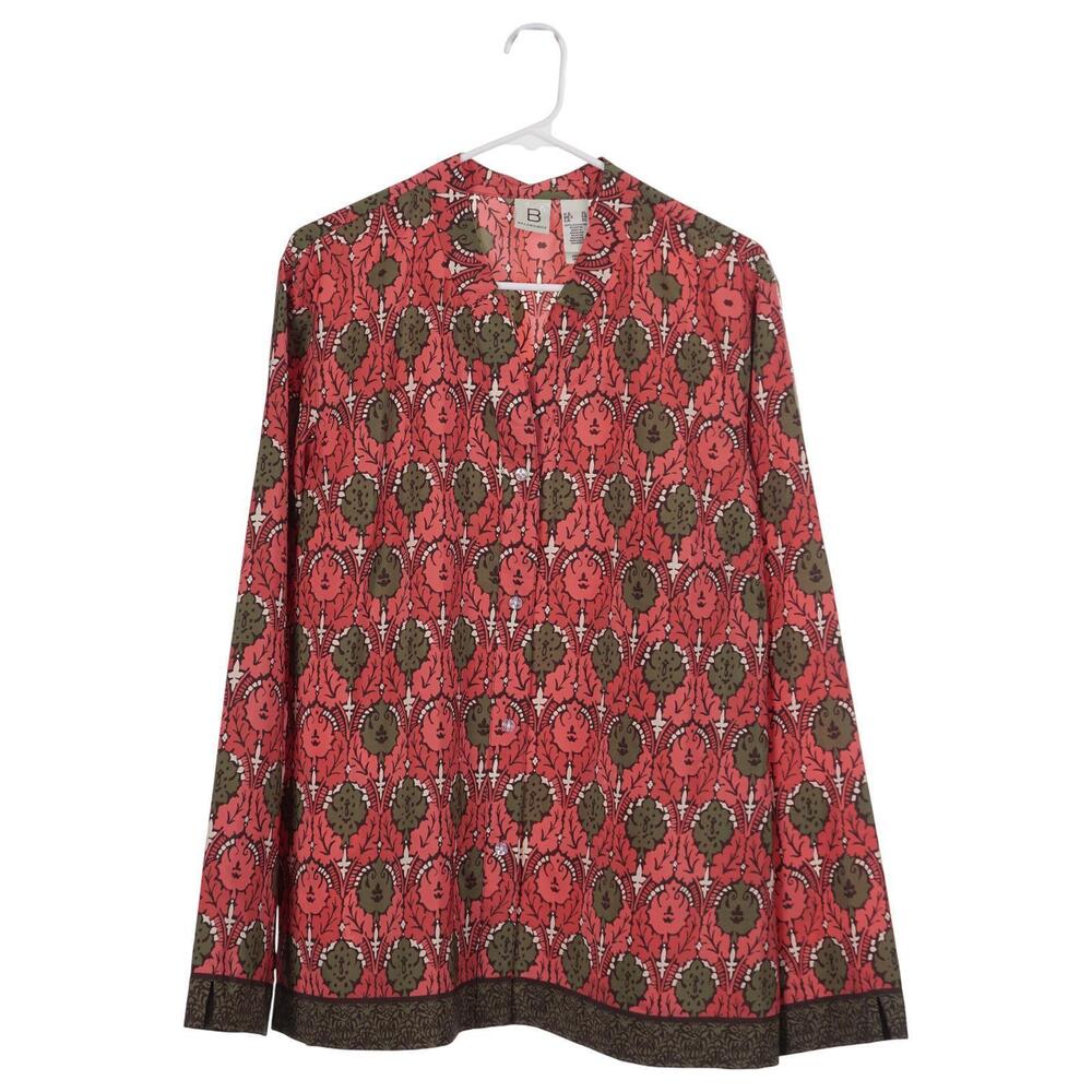 BELONGINGS Top Women XL Coral Green Button Up Long Sleeve Leaf Damask Print
